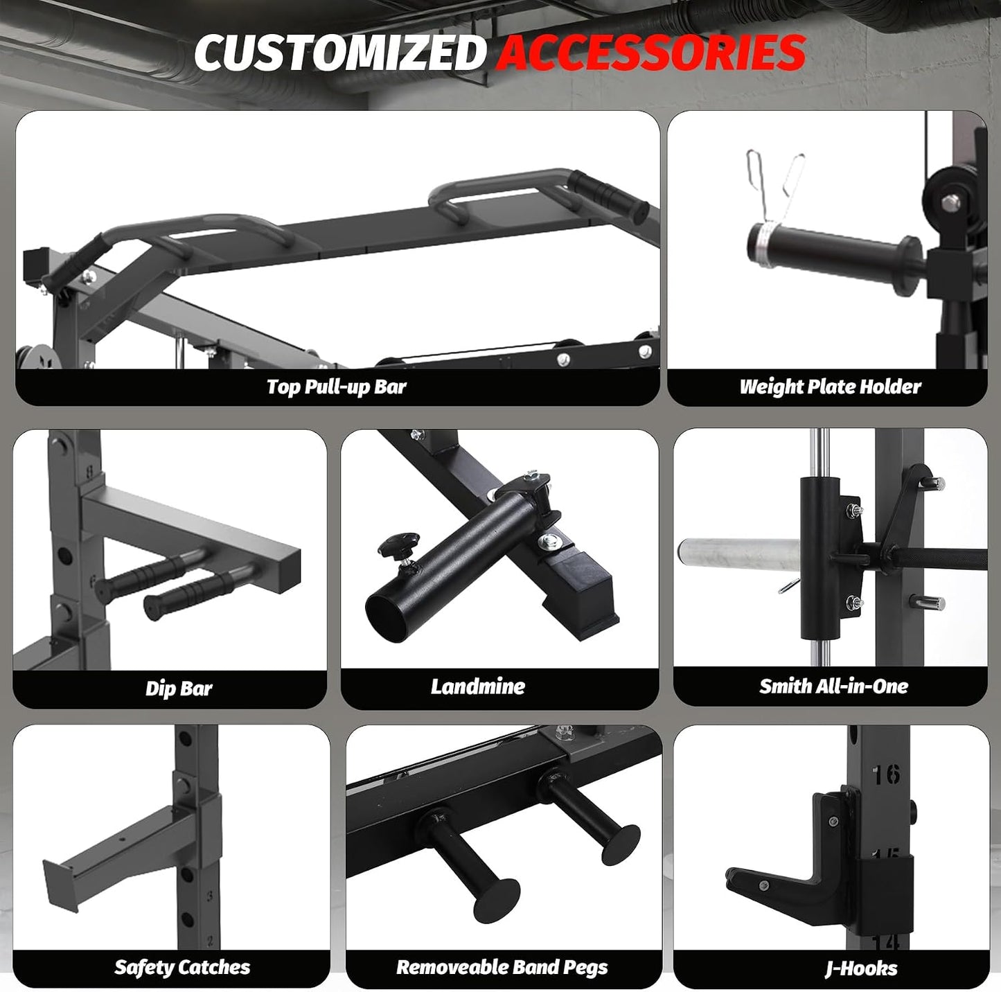 Power Cage, Smith Machine Squat Rack, Heavy Duty Power Rack for Home Gym with Pulley System, Dip Bar, LAT Pulldown, Multifunctional Squat Rack for Home Gym