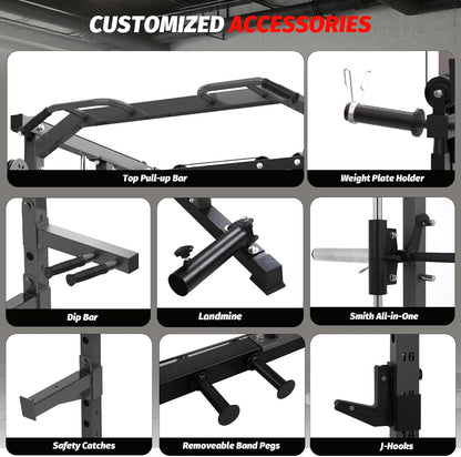 Power Cage, Smith Machine Squat Rack, Heavy Duty Power Rack for Home Gym with Pulley System, Dip Bar, LAT Pulldown, Multifunctional Squat Rack for Home Gym