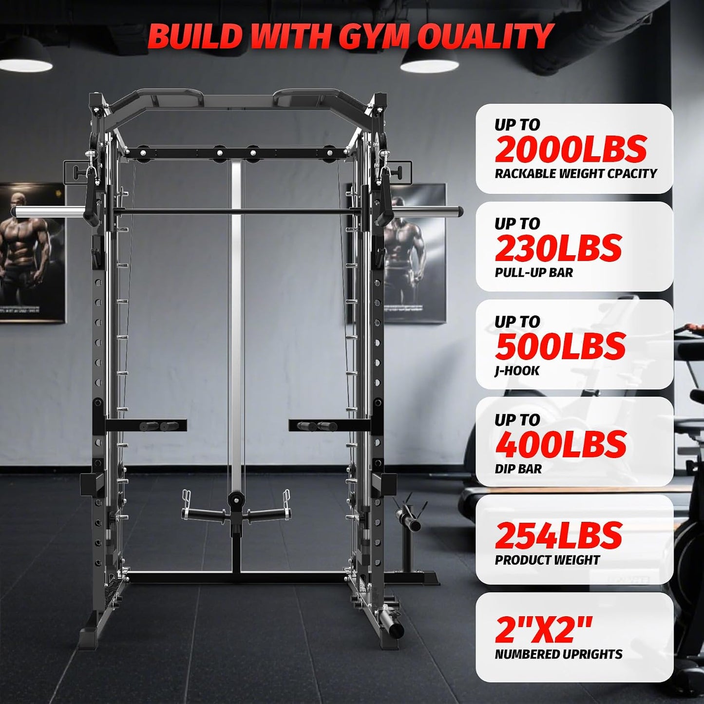 Power Cage, Smith Machine Squat Rack, Heavy Duty Power Rack for Home Gym with Pulley System, Dip Bar, LAT Pulldown, Multifunctional Squat Rack for Home Gym