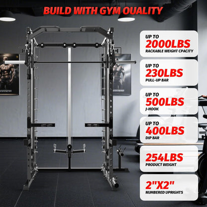 Power Cage, Smith Machine Squat Rack, Heavy Duty Power Rack for Home Gym with Pulley System, Dip Bar, LAT Pulldown, Multifunctional Squat Rack for Home Gym