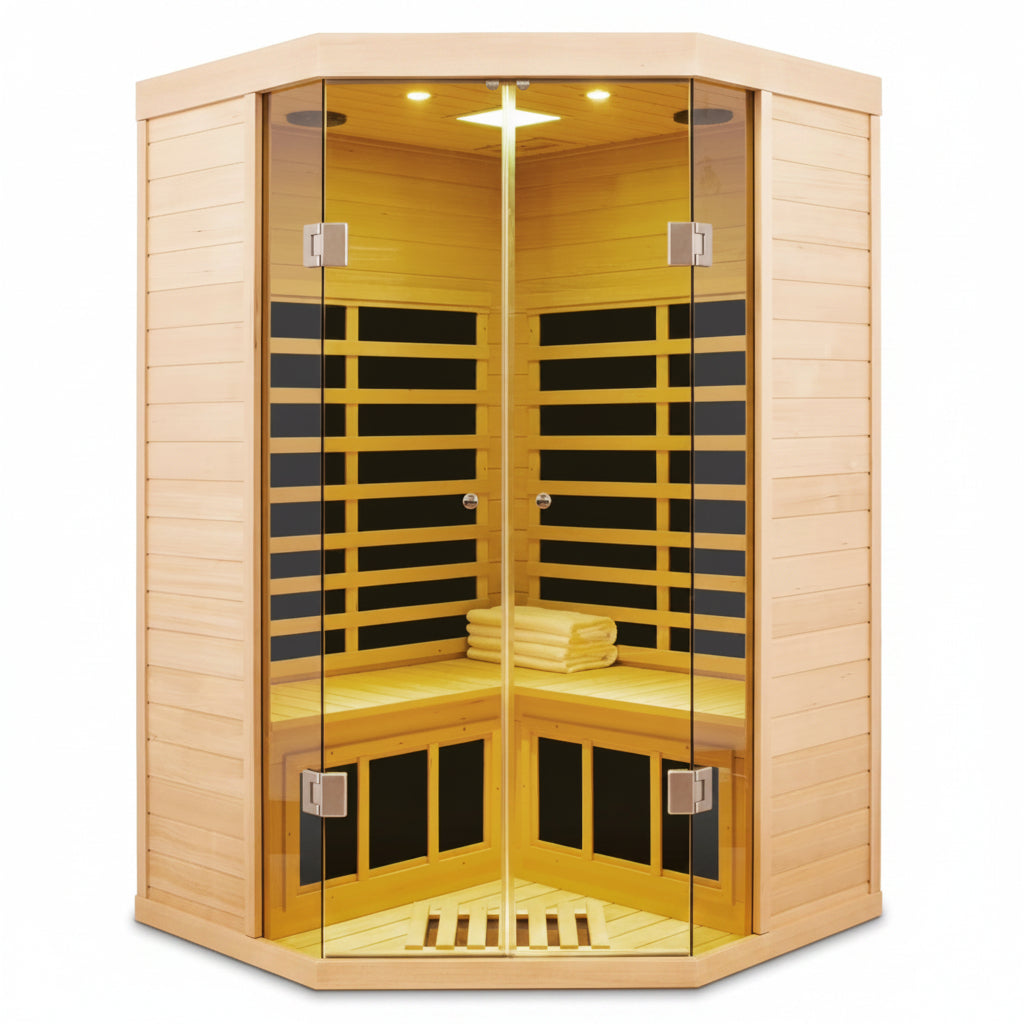 2-Person Corner Far Infrared Sauna Room - Hemlock Wood, Deluxe Transparent Glass Front, Large Capacity Home Sauna