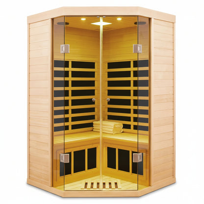 2-Person Corner Far Infrared Sauna Room - Hemlock Wood, Deluxe Transparent Glass Front, Large Capacity Home Sauna