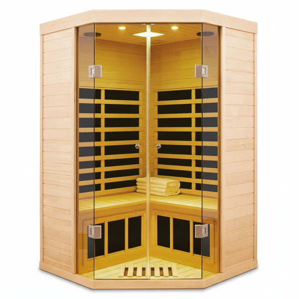 2-Person Corner Far Infrared Sauna Room - Hemlock Wood, Deluxe Transparent Glass Front, Large Capacity Home Sauna