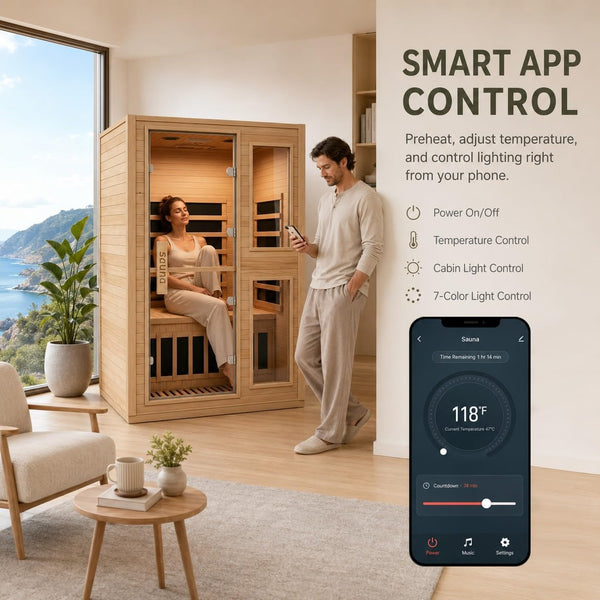 2 Person Far Infrared Sauna with Smart APP Control, Canadian Hemlock Wood Indoor Sauna Room, 2000W Low EMF Fast Heating Home Dry Sauna, 7 Color Chromotherapy, Bluetooth Speakers for Relaxation
