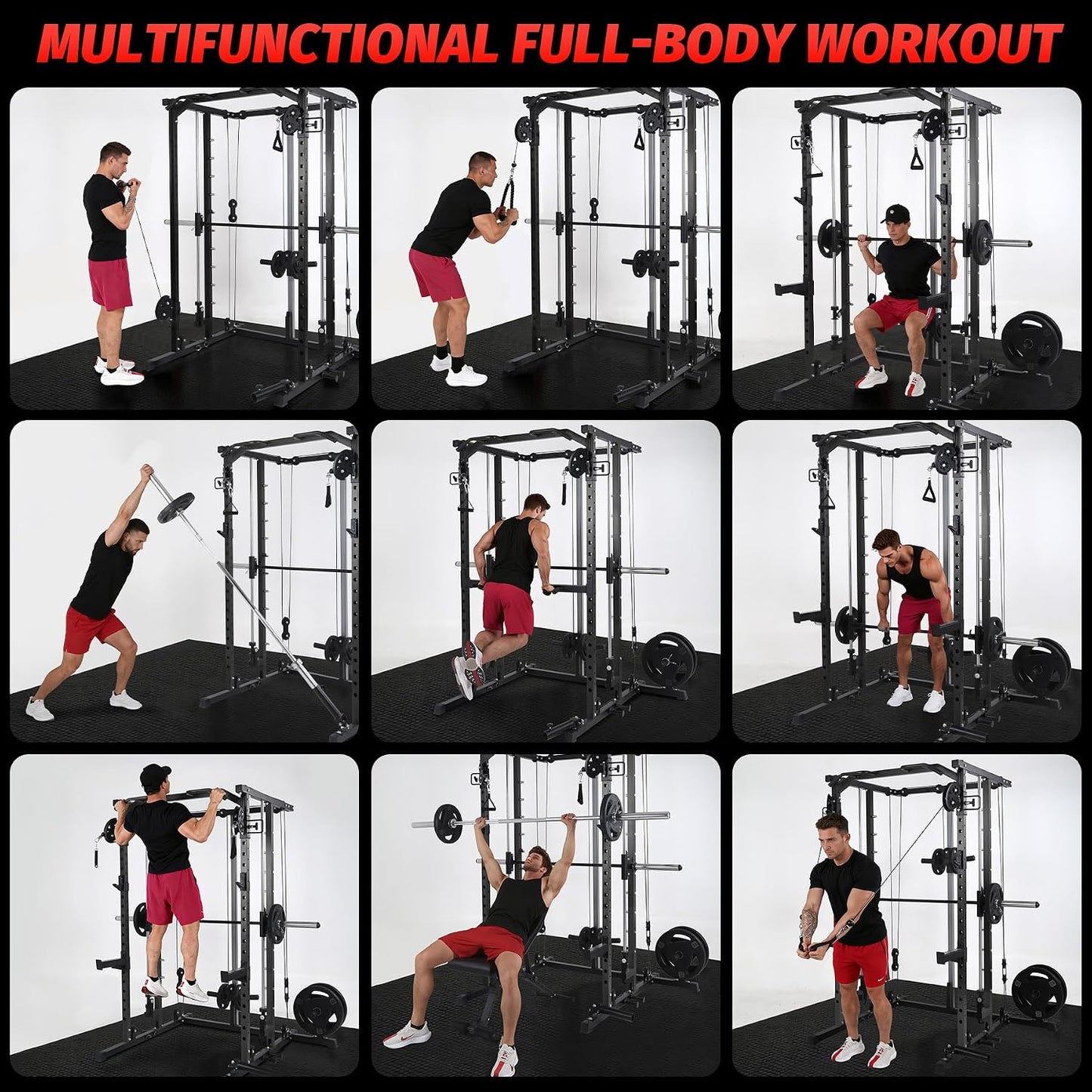 Power Cage, Smith Machine Squat Rack, Heavy Duty Power Rack for Home Gym with Pulley System, Dip Bar, LAT Pulldown, Multifunctional Squat Rack for Home Gym
