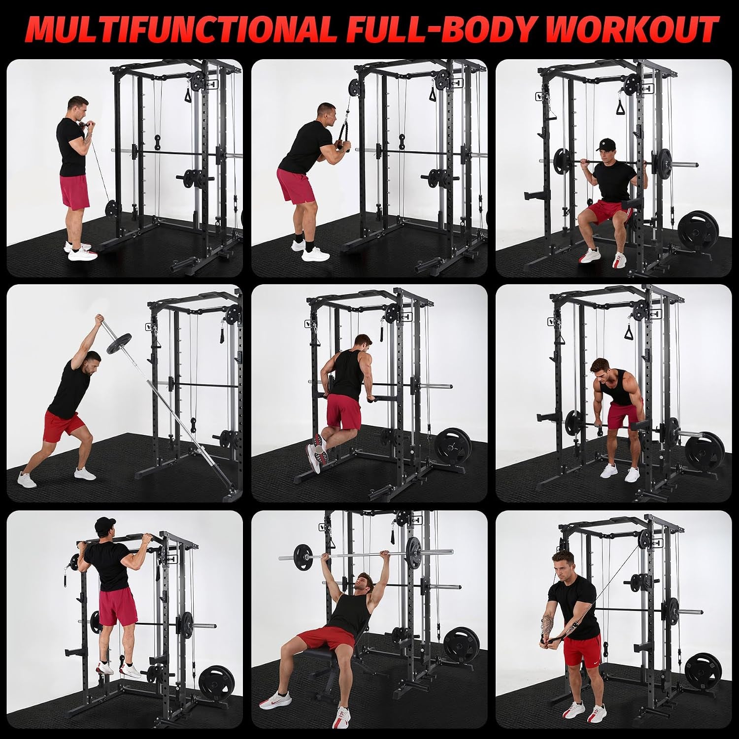 Power Cage, Smith Machine Squat Rack, Heavy Duty Power Rack for Home Gym with Pulley System, Dip Bar, LAT Pulldown, Multifunctional Squat Rack for Home Gym