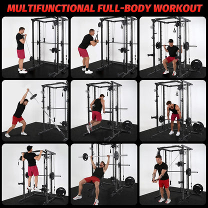Power Cage, Smith Machine Squat Rack, Heavy Duty Power Rack for Home Gym with Pulley System, Dip Bar, LAT Pulldown, Multifunctional Squat Rack for Home Gym