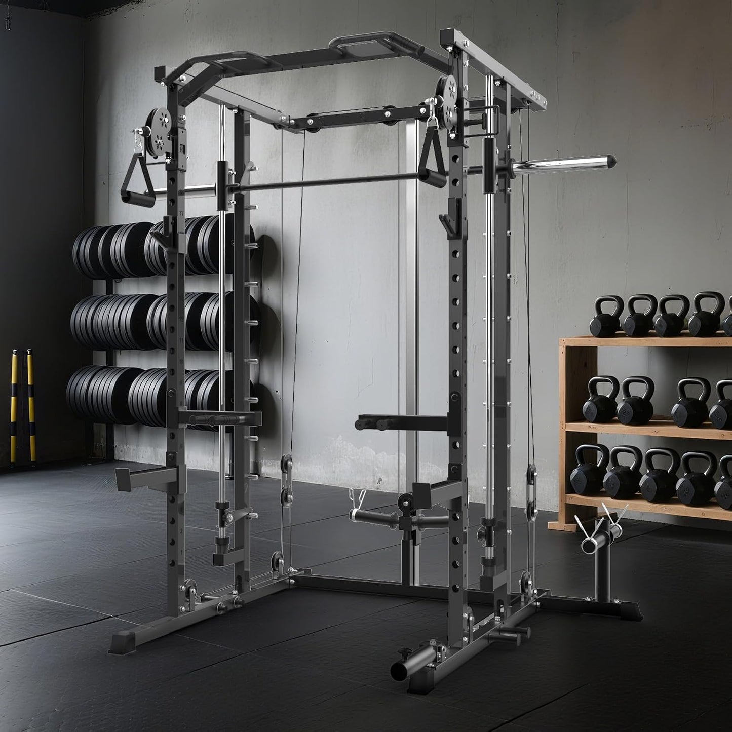Power Cage, Smith Machine Squat Rack, Heavy Duty Power Rack for Home Gym with Pulley System, Dip Bar, LAT Pulldown, Multifunctional Squat Rack for Home Gym