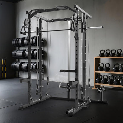 Power Cage, Smith Machine Squat Rack, Heavy Duty Power Rack for Home Gym with Pulley System, Dip Bar, LAT Pulldown, Multifunctional Squat Rack for Home Gym