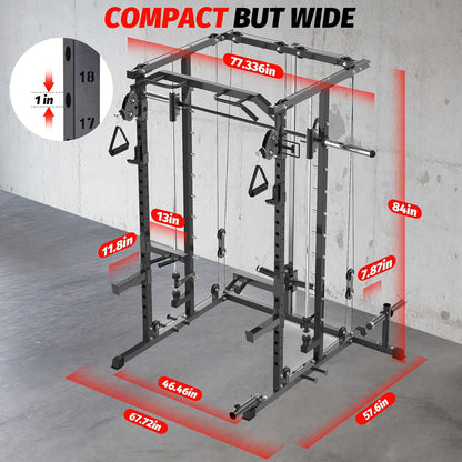 Power Cage, Smith Machine Squat Rack, Heavy Duty Power Rack for Home Gym with Pulley System, Dip Bar, LAT Pulldown, Multifunctional Squat Rack for Home Gym