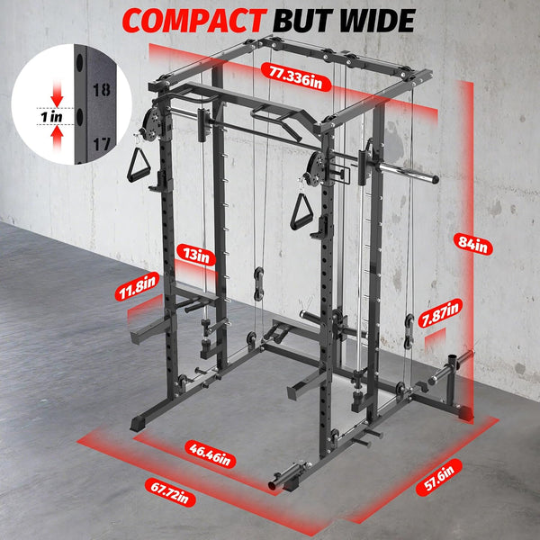 Power Cage, Smith Machine Squat Rack, Heavy Duty Power Rack for Home Gym with Pulley System, Dip Bar, LAT Pulldown, Multifunctional Squat Rack for Home Gym