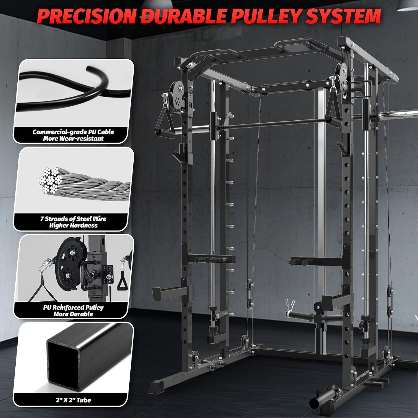 Power Cage, Smith Machine Squat Rack, Heavy Duty Power Rack for Home Gym with Pulley System, Dip Bar, LAT Pulldown, Multifunctional Squat Rack for Home Gym