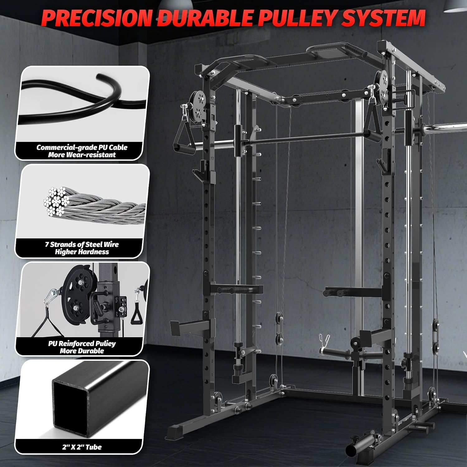 Power Cage, Smith Machine Squat Rack, Heavy Duty Power Rack for Home Gym with Pulley System, Dip Bar, LAT Pulldown, Multifunctional Squat Rack for Home Gym