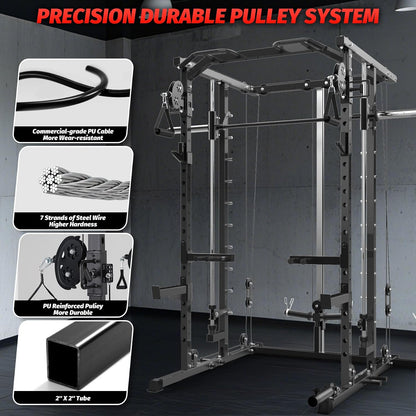 Power Cage, Smith Machine Squat Rack, Heavy Duty Power Rack for Home Gym with Pulley System, Dip Bar, LAT Pulldown, Multifunctional Squat Rack for Home Gym